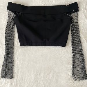 Akira Crop Top With Mesh Rhinestone Sleeves